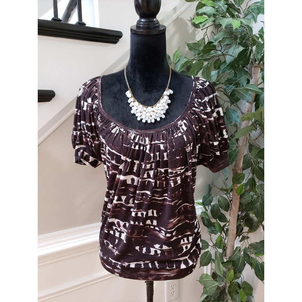 Karen Kane Top Blouse Women's Size Large Brown Geo Print Short Sleeve Scoop Neck